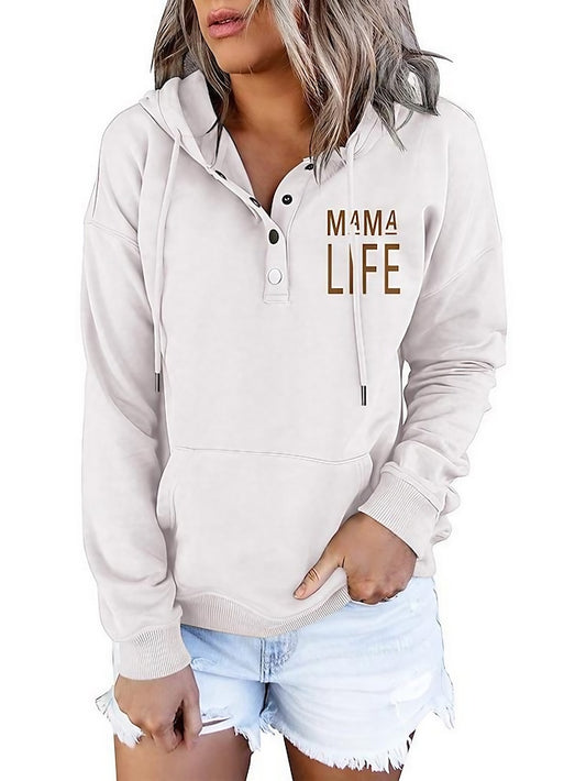 Women's Hoodie Sweatshirt Pullover Active Streetwear Button Front Pocket Blue Purple Pink Mama Life Casual Hoodie Long Sleeve S M L XL XXL - LuckyFash™