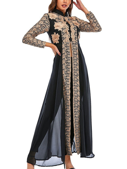 Kaftan Dress Long Dress Maxi Dress Green Black Blue Long Sleeve Floral Embroidered Spring Stand Collar Romantic Spring Dress Summer Dress  S M L XL XXL for Women - LuckyFash™