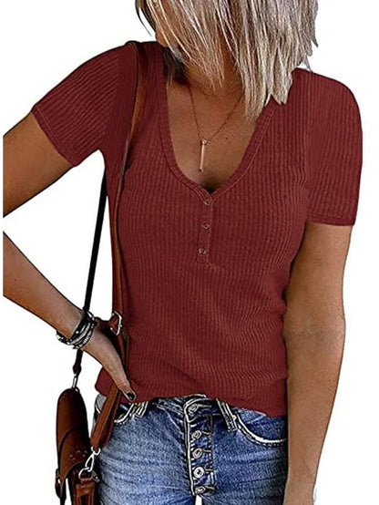 Women's Henley Shirt T shirt Tee Black White Pink Plain Button Short Sleeve Casual Daily Sexy Round Neck Regular S - LuckyFash™