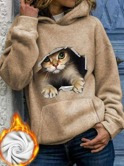 Women's Hoodie Sweatshirt Pullover Sherpa Fleece Teddy Black Khaki Dark Gray Cat Street Hoodie Long Sleeve Fleece - LuckyFash™