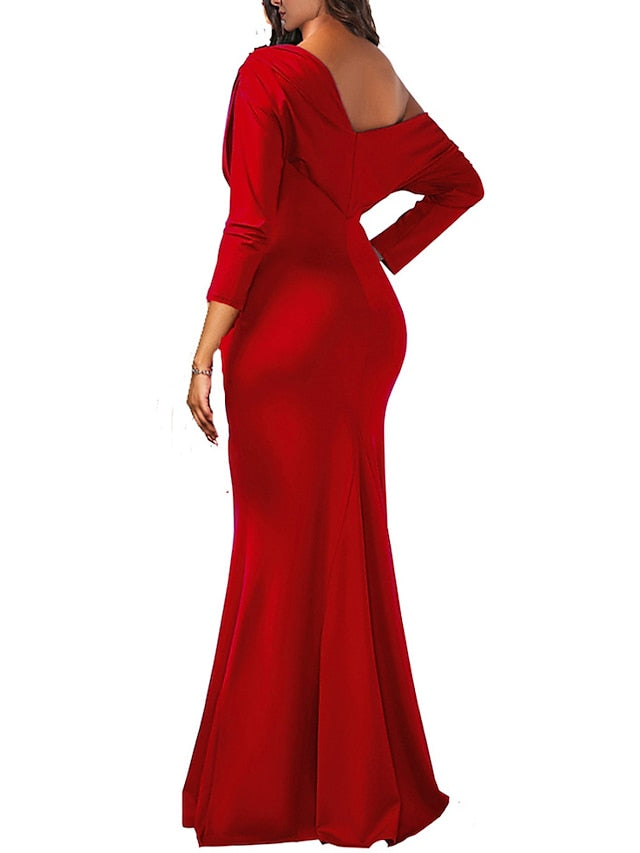 Womenâ€˜s Formal Party Dress Sheath Dress Long Dress Maxi Dress Black Blue Red Long Sleeve Pure Color Ruched Fall Spring One Shoulder Winter Dress 2023 S M L XL XXL - LuckyFash™
