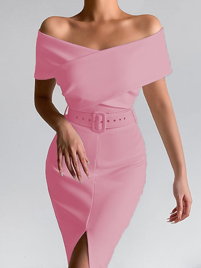 Womenâ€˜s Formal Party Dress Wedding Guest Dress Bodycon Sheath Dress Midi Dress Black White Pink Short Sleeve Pure Color Backless Spring Summer Autumn Off Shoulder Stylish Slim 2023 S M L XL XXL 3XL - LuckyFash™