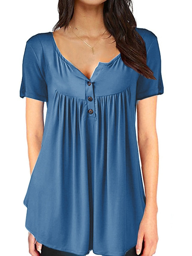 Women's Henley Shirt T shirt Tee Black White Red Plain Button Short Sleeve Casual Daily Basic Daily Casual Round Neck Long S - LuckyFash™