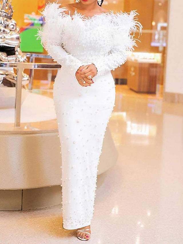Womenâ€˜s Formal Party Dress Feather Dress Long Dress Maxi Dress White Black Long Sleeve Pure Color pearl Winter Fall Off Shoulder Elegant Modern Fall Dress Slim 2023 S M L XL XXL / Winter Dress - LuckyFash™