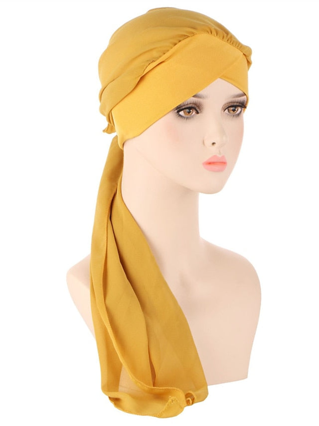 Muslim Women Chiffon Long Headscarf Islam Turban Indian Cap Plain Print Hijab Beanie Hair Care Boho Wraps Hat - LuckyFash™