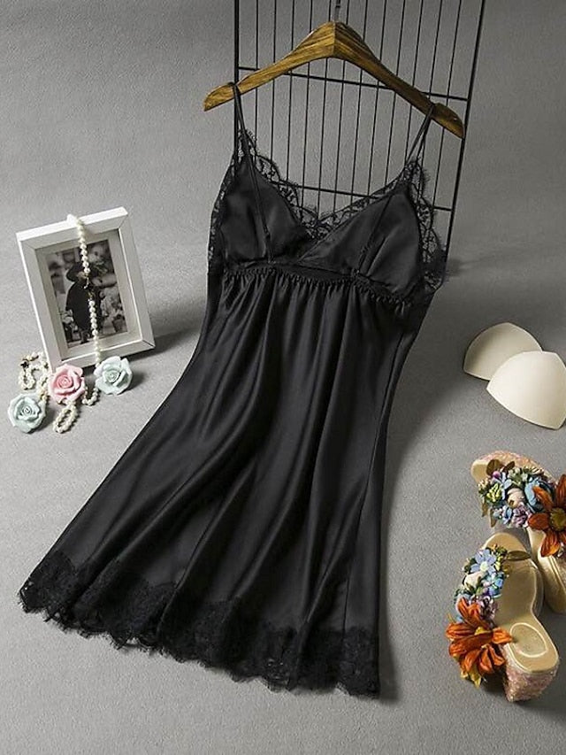 Gift Pajamas Nightgown Home Party Daily Lace Pure Color Polyester Satin Simple Casual Soft Spring Summer V Neck Sleeveless for Women - LuckyFash™
