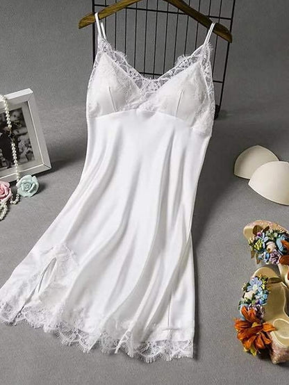 Gift Pajamas Nightgown Home Party Daily Lace Pure Color Polyester Satin Simple Casual Soft Spring Summer V Neck Sleeveless for Women - LuckyFash™