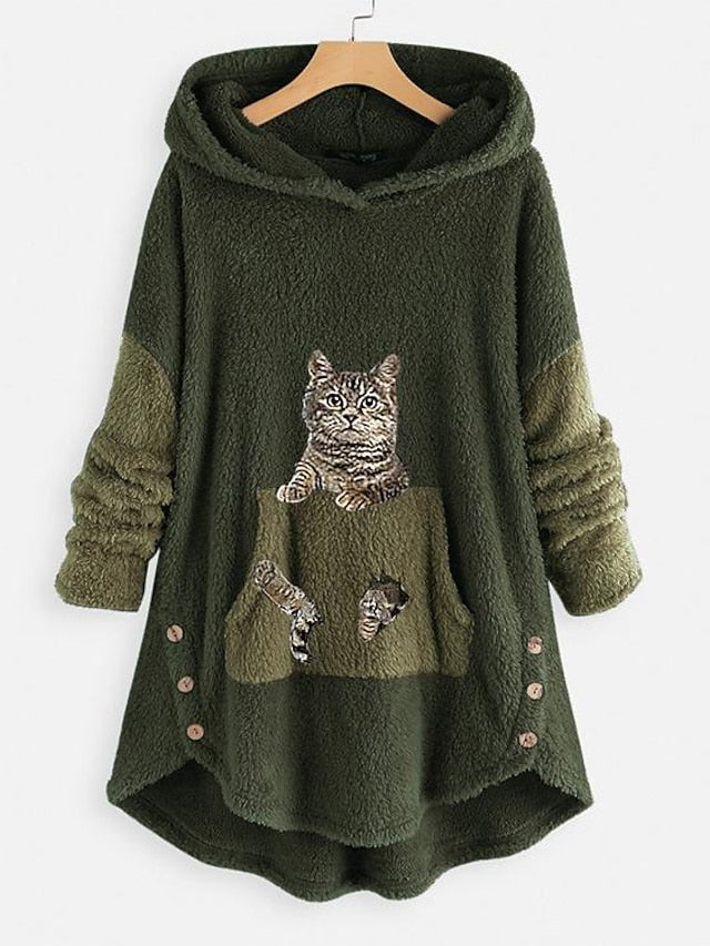 Fleece Hoodie Green Pink Grey Hooded Cat 3D Front Pocket Print Casual Streetwear 3D Print Fleece Active Fuzzy Clothing Apparel Hoodies Sweatshirts  / Fleece lined for Women - LuckyFash™