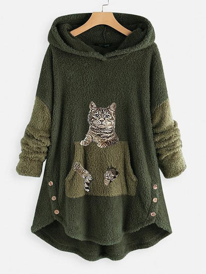Fleece Hoodie Green Pink Grey Hooded Cat 3D Front Pocket Print Casual Streetwear 3D Print Fleece Active Fuzzy Clothing Apparel Hoodies Sweatshirts  / Fleece lined for Women - LuckyFash™