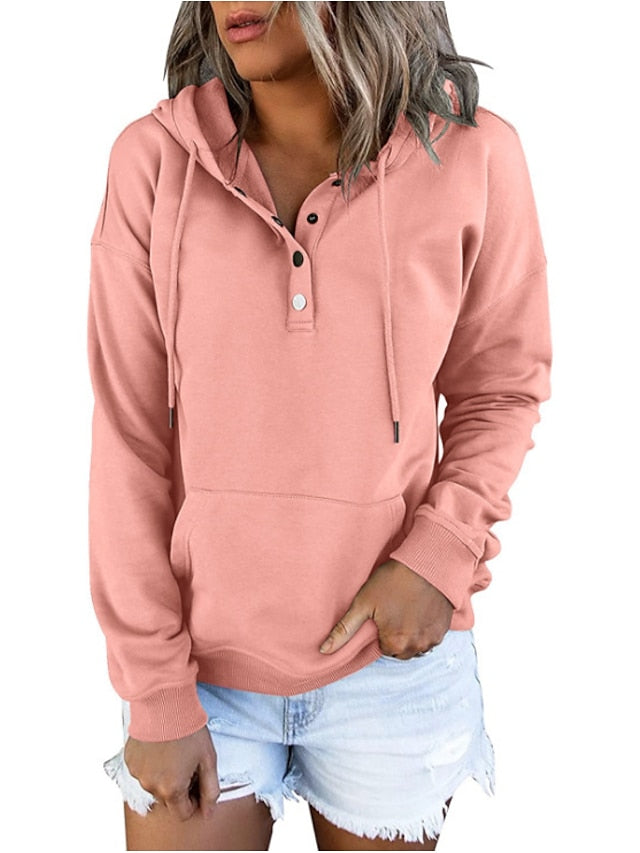 Hoodie Button Pocket Solid Colored Basic Hooded Standard Winter Wine Red Green Black Blue Pink for Women - LuckyFash™