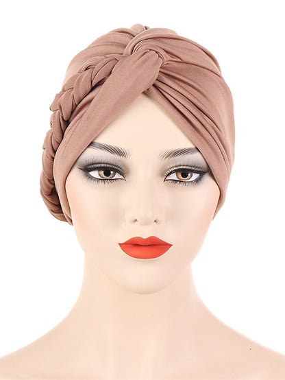 Women Lady Muslim Braid Head Turban Wrap Plain Color Islamic Arab Cap Hat Hair Loss Bonnet Beanies - LuckyFash™